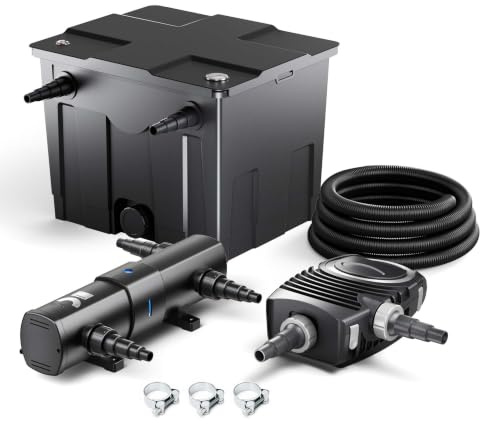 SunSun Komplettset: CBF-350 Teichfilter bis 12000 L Teichfilteranlage Durchlauffilter, NEO8000 Teichpumpe 8000l/h 70W, CUV-236 Teichklärer 36W, 10m Teichschlauch 38 mm, Schlauchschellen W1 44-47mm