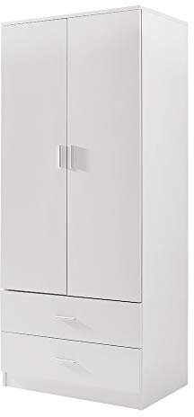 2 Door Combination Wardrobe Tall Big Wooden Wardrobe With 2 Big Drawers Bedroom Storage Units With Hanging Bar Clothes (White)