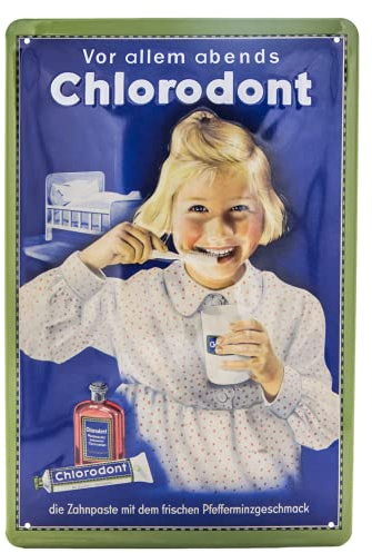 Retro Blechschild, Zahnpasta Reklame mit Mädchen passend für Chlorodont Fans - hochwertig geprägtes Werbeschild, 30 x 20 cm