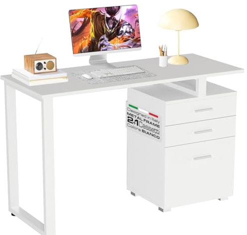 BAKAJI Scrivania con Cassettiera 3 Cassetti Tavolo da Lavoro Porta Pc Computer in Legno con Struttura in Acciaio Design Moderno 120 x 50 x 75 cm Arredamento Casa Ufficio Cameretta (Bianco)
