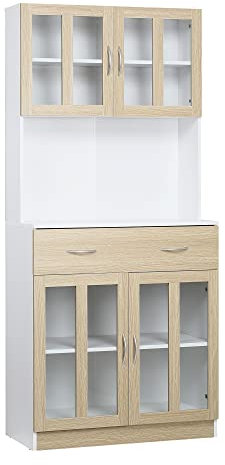 HOMCOM Küchenschrank Hochschrank Küchenbuffet mit Glastüren Geschirrschrank Esszimmerschrank mit 2 Schubladen und 2 Schränken Weiß+Natur 80 x 40 x 180 cm
