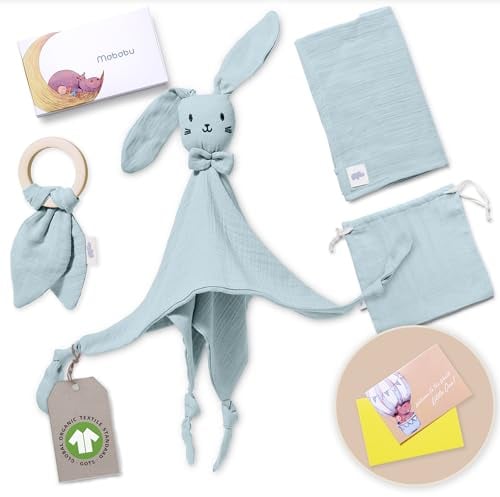 Mababu Baby Geschenkset zur Geburt – Bio-Baumwolle GOTS Zertifiziert – Schnuffeltuch, Beißring, Musselintuch, Beutel – extra weich, trocknergeeignet, Geschenk für Neugeborene, Jungen & Mädchen