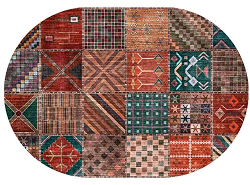 Rururug Designer Teppich Oval Modern Kurzflor Vintage orientalisch Ornament Wohnzimmer Schlafzimmer Teppiche Flur rutschfest Waschbar,Rotes mehrfarbiges Patchwork geometrisch,Oval 140 x 200 cm