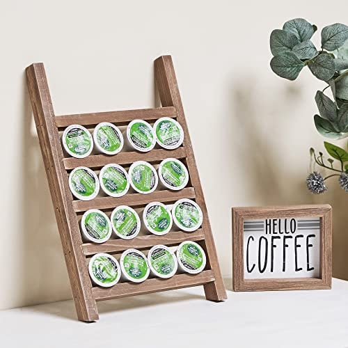 GENMOUS Wood K Cups Holder for Countertop, Farmhouse Coffee Pod Holder with Coffee Bar Decor Sign, Rustic K cup Organizer for Home Kitchen Storage, Coffee Station Organizer Accessories Brown