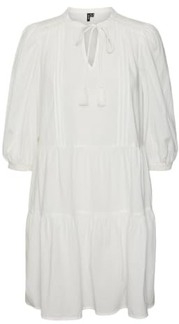 VERO MODA Robe Courte en crépon avec Cordon de Serrage - Robe midi à Manches 3/4 - Robe d'été Tuniques., Couleurs:Blanc, Taille:L