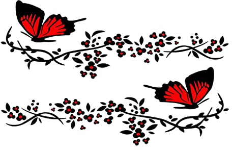 Schmetterlings Blumen Autoaufkleber,Asudaro 2St Wasserdicht Schmetterling Aufkleber Auto Tattoo Auto Motorhaube Aufkleber Dekoration Augenbraue Lampe Für SUV LKW Wandbild 30 cm x 11 cm,Schwarz Rot