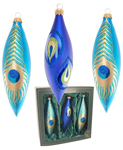 Krebs Glas Lauscha - Weihnachtsdekoration/Christbaumschmuck aus Glas - Weihnachtsanhänger - Form: Olivenform - Farbe: Blau matt - Menge: 3 Stück - Motiv: Pfau - Größe: 15 cm