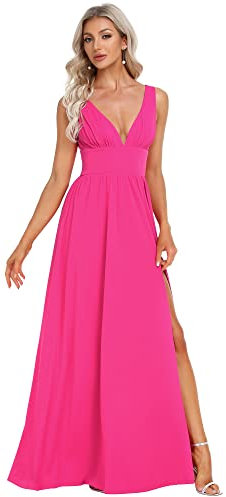 Ever-Pretty Vestiti da Damigella da Donna Alta Elasticità Scollo a V Linea ad A con Spacco Stile Impero Rosa Caldo 48