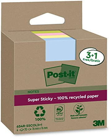 Post-it Super Sticky 100 % Recycling Notes, 3+1 GRATIS-Blöcke/Packung, 70 Blätter pro Block, 76 mm x 76 mm, Pink, Grün, Blau, Gelb - Extra starke Haftnotizen aus 100 % Recyclingpapier, Mittel
