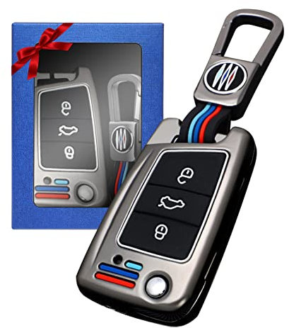 Yumzeco Zink Legierung Autoschlüssel Hülle Cover, 3 Tasten Autoschlüssel Cover Kompatibel mit VW Jetta Golf Polo MK7 Passat Skoda, Auto Schlüsselhülle Cover Silicone TPU Smartkey Schutzhülle (Grau)