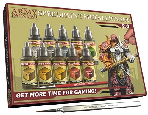 The Army Painter, Speedpaint Metallics Set 2.0 Combo, 10 x 18 ml Acryl Metallic Modellbau Farben inkl. 2 Pinsel - Modell Farben für Wargames Tabletop Figuren & Dnd Miniatures