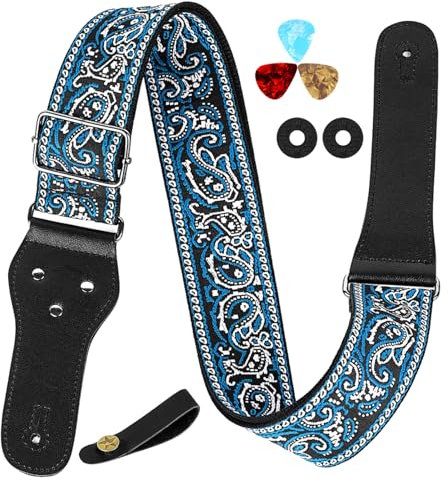 Musiin Guitar Strap Classic Style Pattern Guitar Strap Set for Bass, Electric & Acoustic Guitar (Black & Blue)