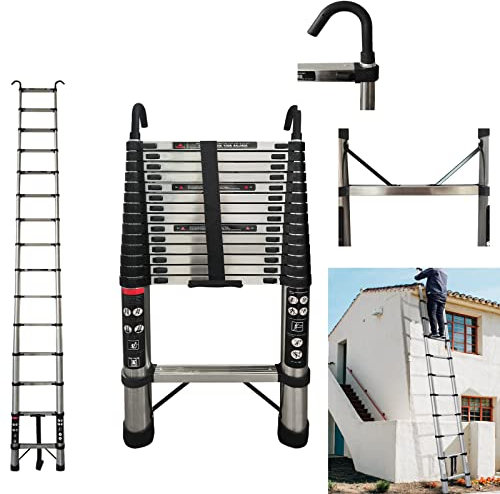 Scala telescopica in acciaio inox con gancio rimovibile, multiuso allungabile, con piedini antiscivolo, 14 pioli, telescopica, portata massima 150 kg (4,4 m)