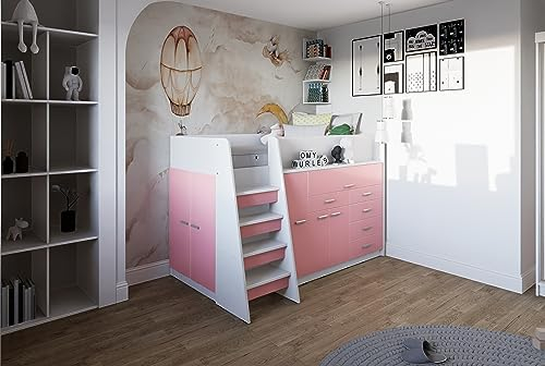 Marlux-Meble Hochbett JSM-1 80x190 TREPPE Links 129 cm Hoch mit Kleiderschrank Schreibtisch Schränke Matt Funktionsbett Etagenbett Stockbett Kinderhochbett Jugendhochbett (Rosa Matt)