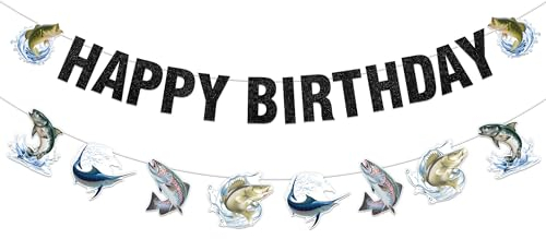 Cheereveal Fisch Happy Birthday Banner, Gone Fishing Wimpelkette Girlande, Süßwasserteich Outdoor Salz Geburtstag Party Dekoration, Angelwettbewerb Ruhestand Grill Party Supplies