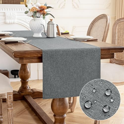 AooHome Tischläufer Grau 40X180cm, Tischdeko Leinen-Optik Abwaschbar Tischband aus Polyester Wasserabweisend mit Lotuseffekt, Dauerhaft Kratzfest für Esszimmer Hochzeiten Party Weihnachten