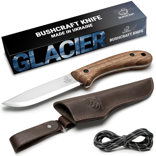 BeaverCraft Coltello da bushcraft Lama in acciaio Coltello a lama fissa con fodero in pelle Coltello da campeggio Coltello da sopravvivenza in acciaio al carbonio a codolo intero | BSH2 Glacier