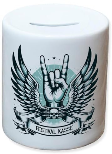 Fördeblau Heavy-Metal 'Festival Kasse' Spardose mit Pommesgabel und Totenkopf Motiv, Keramik, 95x80mm – Sparen mit Rock-Flair - Coole Geschenkidee für Metalheads mit Metal-Handzeichen