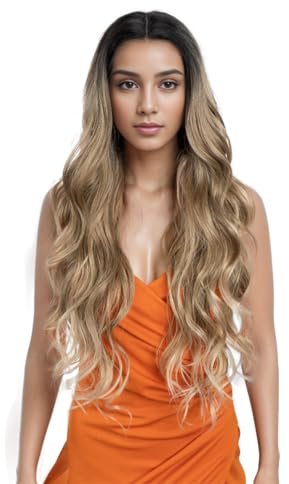 30 Zoll Body Wave Perücke Lange Perücke 13X4.5X1 Synthetische Spitze Front Perücke 180 Dichte schwarz Flachs braun Blonde Farbe Hitzebeständige Faser Haar Vorgezupfte Perücke SOP22613#