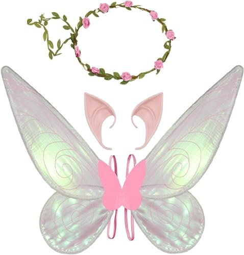 Euakee Ailes de Fée Filles, Ailes d'ange pour Enfant Fille, Ailes De Papillon pour Petite, Oreilles Elfe Couronne Fleur Cheveux Costume pour Halloween Carnaval Noël Fête Anniversaire Cosplay (Rose)