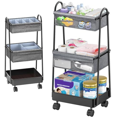 3 Etagen Beweglicher Wickeltisch Organizer-Rollwagen, Baby Windel Caddy Organizer, Windeltasche Organizer mit Trennwänden, Neugeborene Wickel Organizer Rollwagen, Eisenstruktur, Einfach zu Montier