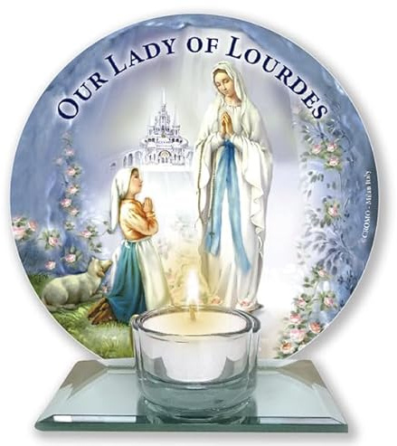 Unsere Liebe Frau von Lourdes Glas-Votivlichthalter mit Teelicht-Ornament des katholischen religiösen Glaubens