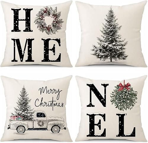 ALINK 4 Stück Kissenbezug Weihnachten, Leinen Dekorative Zierkissenbezüge Weihnachtsmann Kissenbezug Deko Kissenhülle für Sofa Couch Schlafzimmer Wohnzimmer 45x45 cm