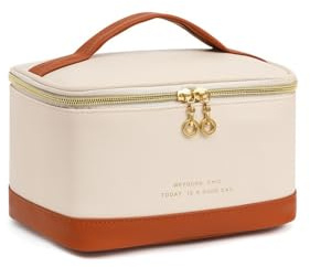 LoveFirst Groß Kosmetiktasche Damen Multifunktionale Wasserdichter Reise Schminktasche PU Leder Tragbare Makeup Bag Kosmetischer Organizer Mit Pinselhalterungen（Farbe: Beige）