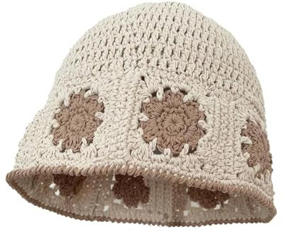 YUEZHAN Bucket Hat Hut Damen Herren Baumwoll Häkel Mütze Handgemachte Haken Blume Natürliche Hüte Gestrickt Warme Mütze Damen Luxus Hut 56-58Cm Beige