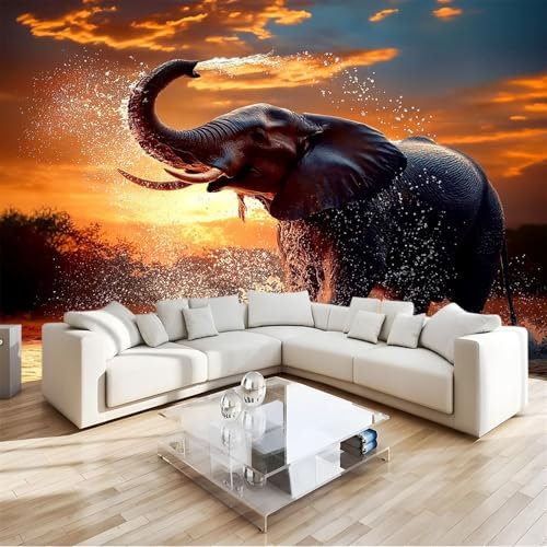 Papier Peints Panoramique Coucher de Soleil Animal éLéPhant Poster Mural Intissé 3D, Brun Muraux Pour Salon Chambre Chambre D'Enfant Décoration Murale 250x175cm