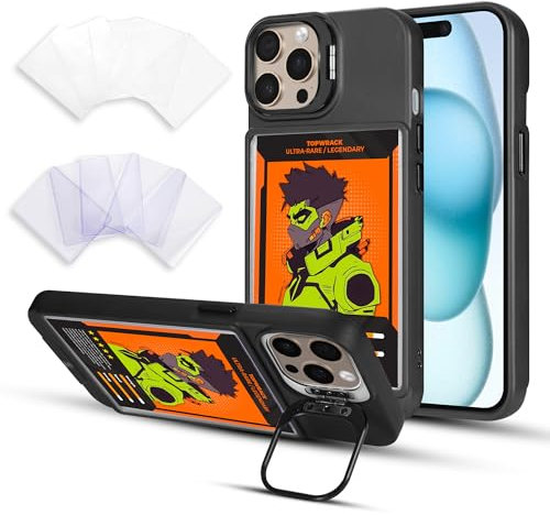 Topwrack Display Handyhülle für iPhone 16 Pro | Kartenhalter Cover mit eingebautem Kameraständer + 5 TCG/Fotohüllen | Schutzhülle für Sammler (Schwarz)