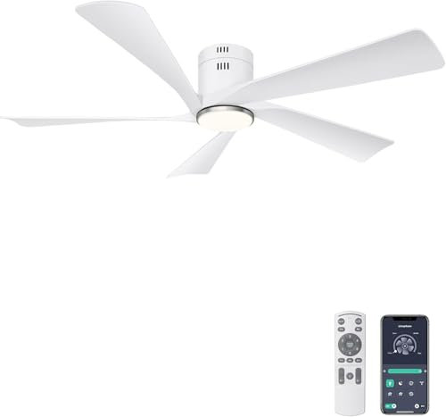 Ohniyou 132 cm (52 Zoll) Deckenventilator mit Beleuchtung, LED-Lichtern, Fernbedienung und App-Steuerung, Deckenventilator für den Außenbereich, dimmbar, leiser DC-Motor,Weiß