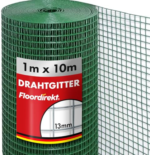 Floordirekt Volierendraht Drahtgitter feinmaschig 100cm hoch x 10m lang Hochbeet 4-Eck Drahtgeflecht, Nagergitter, Vogeldraht, Volierengitter, Gitterdraht, Drahtzaun grüne PVC Maschen-Weite 13x13mm