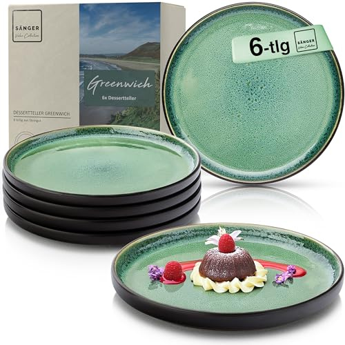 SÄNGER Greenwich Dessertteller 6-teilig, Steingut Teller Set 6 Personen | Kuchenteller kleine Teller spülmaschinenfest mikrowellenfest multifunktional, Steingut Geschirr grün