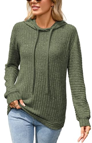Famulily Ribbed Lightweight Hoodies for Women UK, Long Sleeve Hooded Drawstring Striped Sweatshirt Casual Autumn Tops