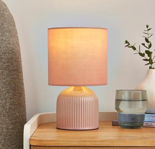 Modern Bedside Lamp Pink Ribbed Ceramic Base and Fabric Shade Mains Powered Table Lamp, Desk Lamp Night Light Lamp for Bedroom a, Living Room