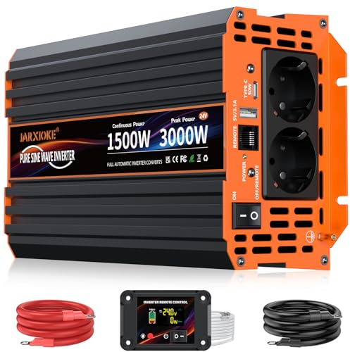 Wechselrichter 24V auf 230V 1500W Reiner Sinus SpannungswandlerPower Inverter mit LCD Fernbedienung,USB Ports,Type-C Port,2 AC-Steckdosen für Solar,Fahrzeuge,Wohnmobil,Stromausfall,Reise