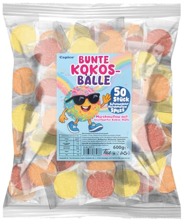 Capico Bunte Kokosbälle - Marshmallows mit Kokos-Hülle 50 Stück (600g), Wurfmaterial für Karneval