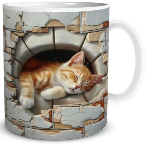TRIOSK Lustige Katzen Tasse 3D Illusion mit Katzenmotiv Mauer Schlafplatz - Süßes Geschenk für Katzenliebhaber, Freundin, Freunde & Kollegen - Büro & Arbeit - Keramik 300 ml