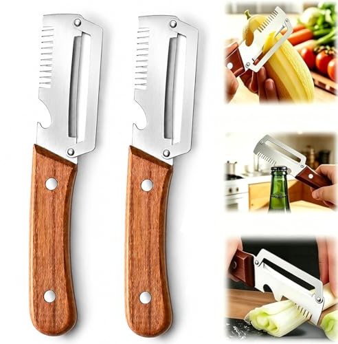 Multi-Functional Vegetable Peeler for Kitchen, 2026 New 3-in-1 Peeler & Bottle Opener & Julienne Peeler, Wooden Handle Peeler, Stainless Steel Kitchen Peeler, Zero Snag Wooden Peeler, for Kitchen Prep