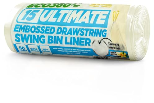 EcoBag - 15 Pack Vanilla Scented Ultimate Embossed Kitchen Drawstring Pedal Bin Liners - 50L - 16 Microns - 98% Recycled, Eco-Friendly, Hassle-Free Waste Disposal (580 x 820mm)
