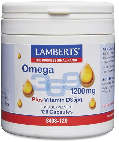 Lamberts Omega 3 6 9 – 1200mg with EPA, DHA, GLA & Oleic Acid – Plus Vitamin D – 120 Capsules