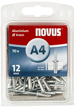 Novus Aluminium Blindnieten 12 mm, 70 Nieten, Ø 4 mm, 6.5-8.5 mm Klemmlänge, zur Befestigung von Kunst-Stoffen und Leder