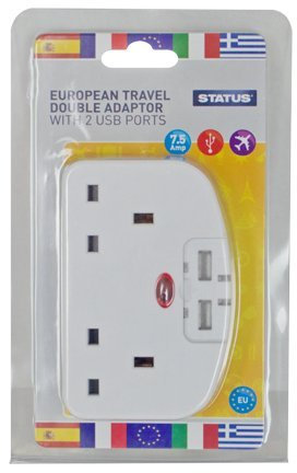 STATUS Double UK to EU European Plug Adapter | 3 Pin to 2 Pin European Travel Adaptor | 2 USB Charging Ports | STETAWUSBD1PK3