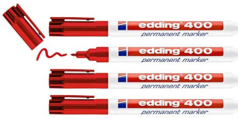 edding 400 permanent marker - red - 4 pens - fine round nib 1 mm - waterproof, quick-drying, smear-proof pens - for cardboard, plastic, wood, metal, glass and fabric