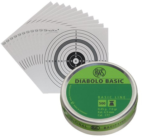Luftgewehr Diabolo RWS Basic Line Flachkopf Diabolos, Kal. 4,5 mm, 500 Stück + 10 original ShoXx.® Shoot-Club Zielscheiben mit 250 g/m²
