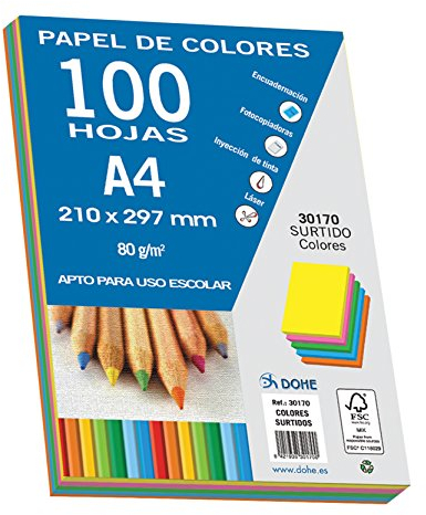 DOHE - Farbiges Papier DIN A4, 80 g. Leuchtende Farben sortiert - 100 Blatt, 30170