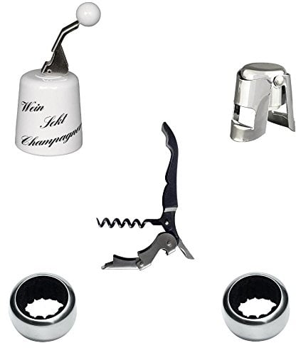 homiez 5er Wein-/ Sekt-Set bestehend aus 2 Tropfenfänger, 1 Champagnerverschluss, 1 Weinflaschenverschluss und 1 Kellnerbesteck