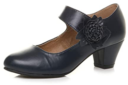 AJVANI Womens Ladies Low Block Kitten Heel Mary Jane Style Flower Leather Lined Work Court Shoes Pumps Size.