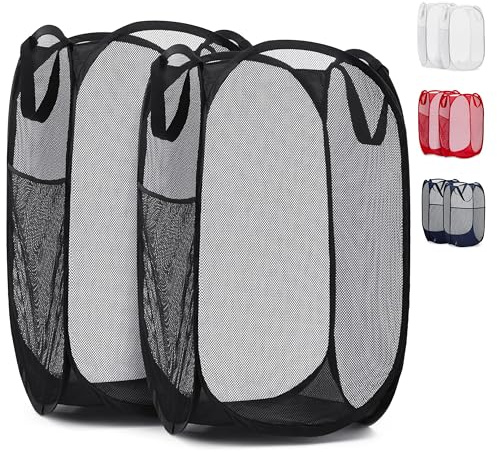 Handy Laundry Collapsible Mesh Pop Up Hamper with Wide Opening and Side Pocket - Breathable, Sturdy, Foldable, and Space-Saving Design for Clothes and Storage (Black | 2-Pack)
